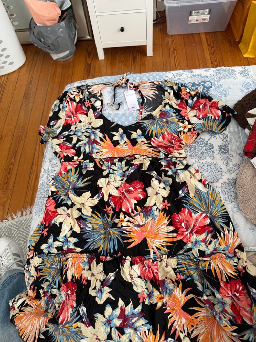 VENUS Black Floral Midi Dress with Red, Yellow and Blue Blooms